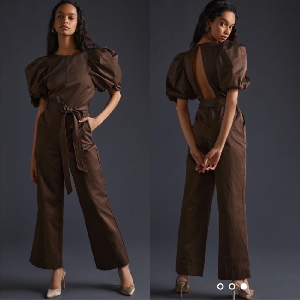 En Saison Puff Sleeve Open Back Jumpsuit / Brown / SZ XS